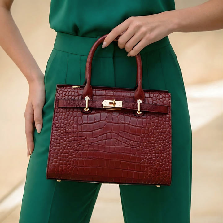 Harlow – Croc Embossed Satchel Bag with Gold Turn Lock and Crossbody Strap