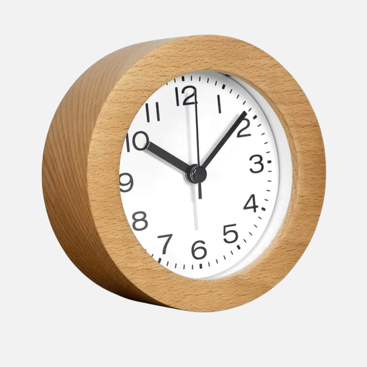 Silent Beech Wood Analog Alarm Clock with LED Backlight and Quartz Movement