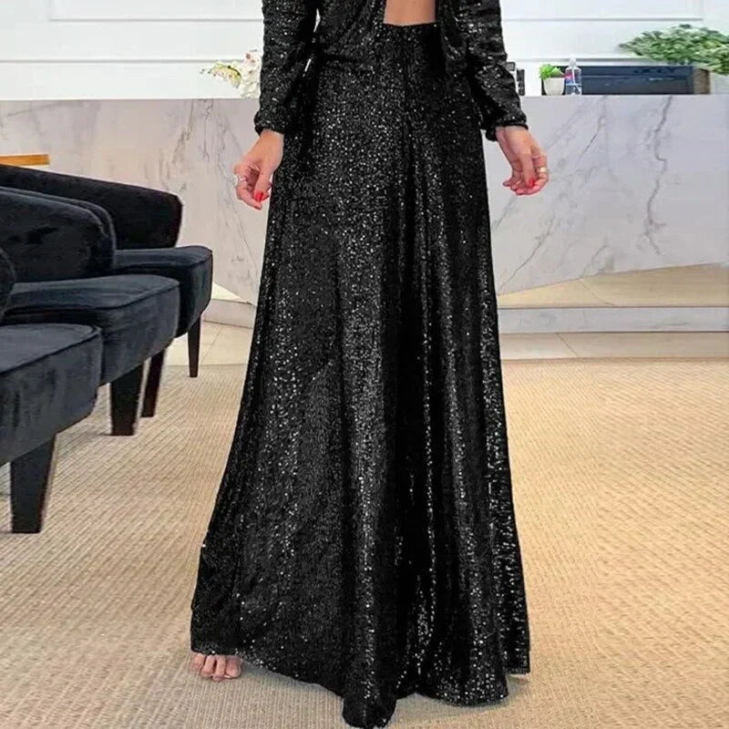 Shimmer Wide Leg Evening Pants – Sparkly High Waist Trousers for Special Occasions