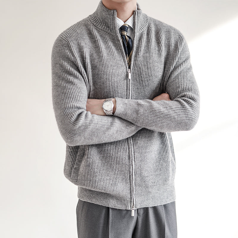Premium Ribbed Zip Cardigan – Slim Fit Knit Sweater with Stand Collar