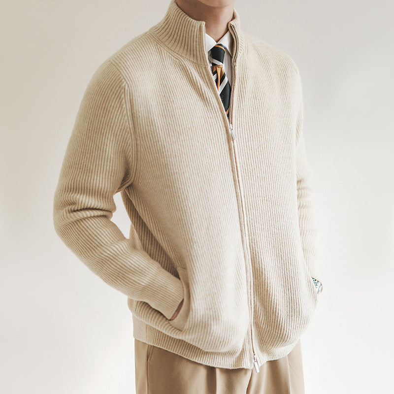 Premium Ribbed Zip Cardigan – Slim Fit Knit Sweater with Stand Collar