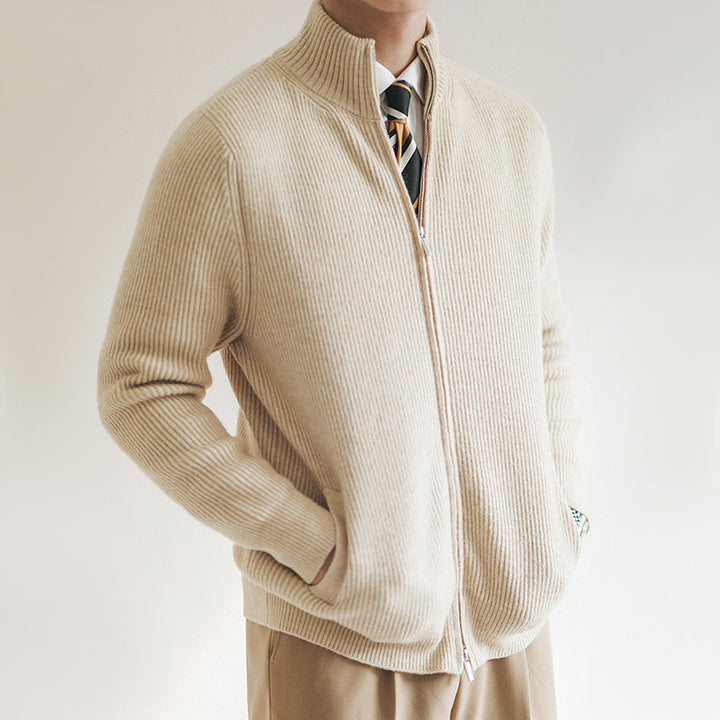 Premium Ribbed Zip Cardigan – Slim Fit Knit Sweater with Stand Collar