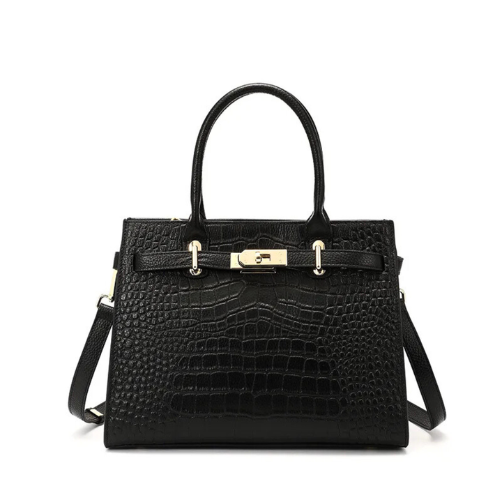 Harlow – Croc Embossed Satchel Bag with Gold Turn Lock and Crossbody Strap