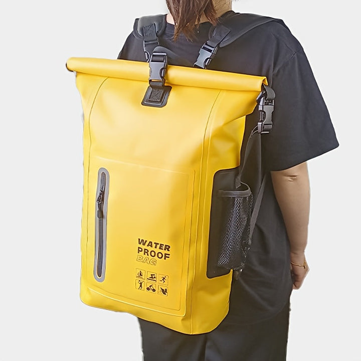 Waterproof 25L Roll-Top Backpack with Multiple Pockets, Sturdy Buckle, and Side Mesh Pocket