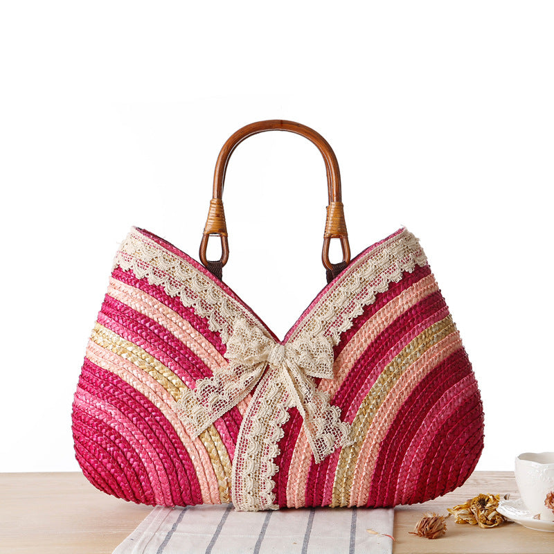 Soleil – Striped Straw Handbag with Lace Bow and Rattan Handles
