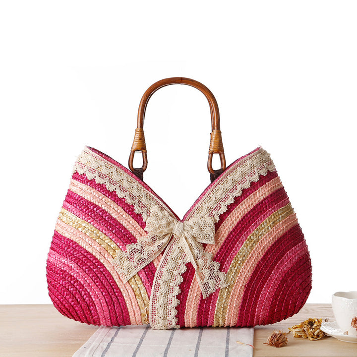 Soleil – Striped Straw Handbag with Lace Bow and Rattan Handles
