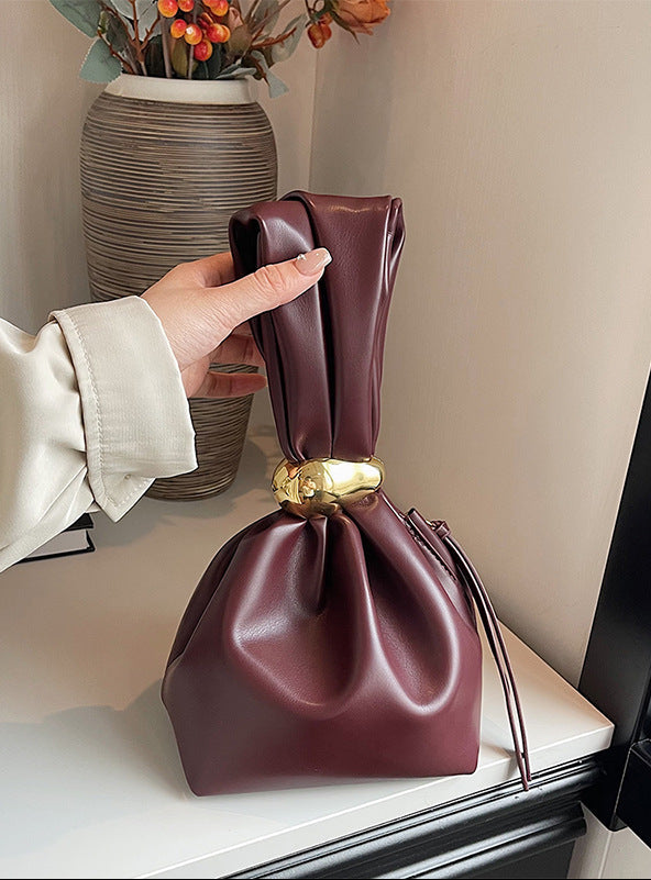 Nori – Vegan Leather Ruched Clutch Bag with Gold Ring Handle