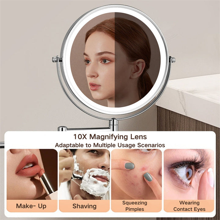 Premium LED Wall-Mounted Magnifying Mirror | 360° Rotation, 1X/10X Magnification, Rechargeable