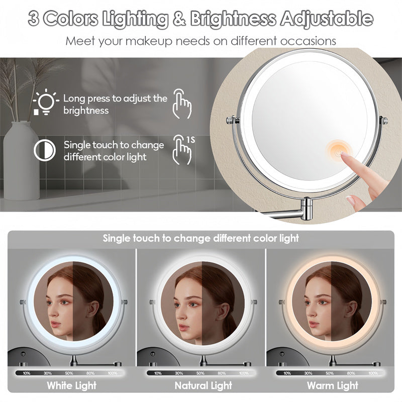 Premium LED Wall-Mounted Magnifying Mirror | 360° Rotation, 1X/10X Magnification, Rechargeable