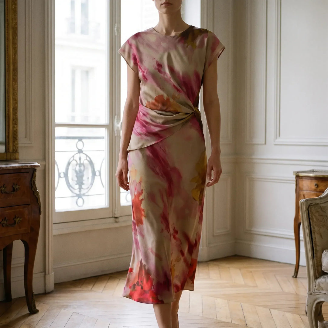 Floral A-Line Midi Dress with Knotted Waist - Sleeveless Summer Style