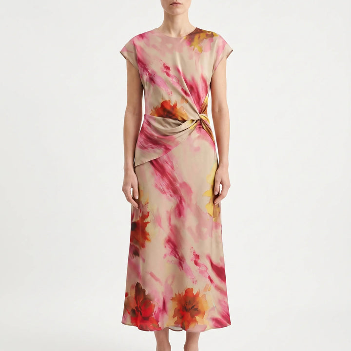Floral A-Line Midi Dress with Knotted Waist - Sleeveless Summer Style