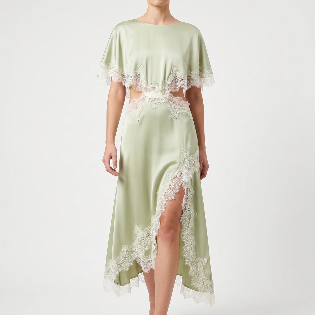 Scalloped Edge Asymmetric Midi Dress with Batwing Sleeves