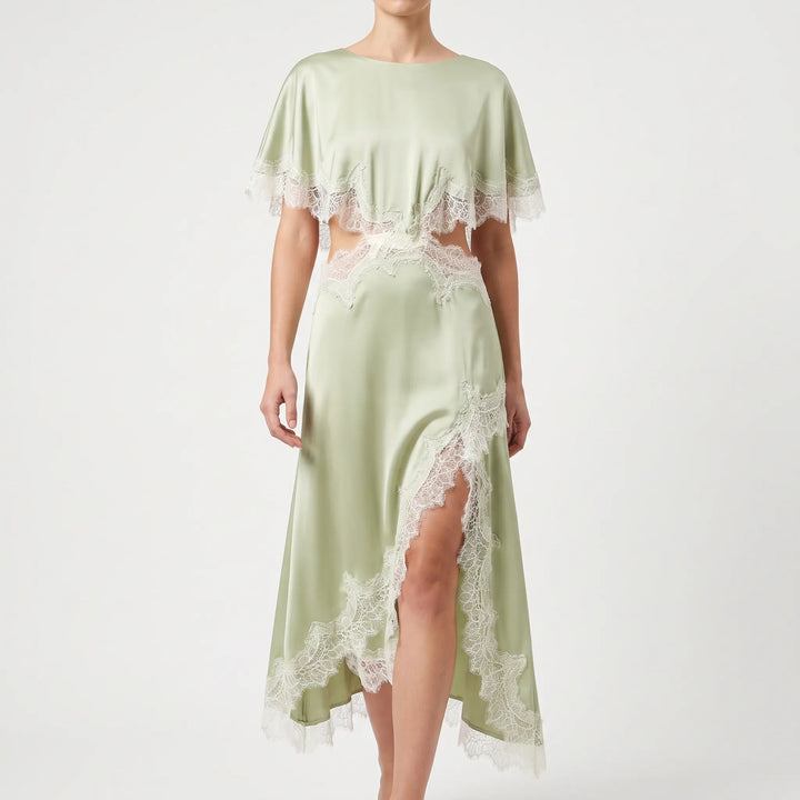 Scalloped Edge Asymmetric Midi Dress with Batwing Sleeves