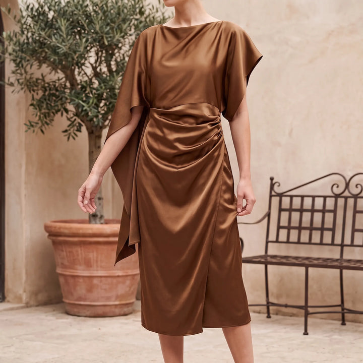 Bronze Asymmetrical Midi Dress with Short Sleeves