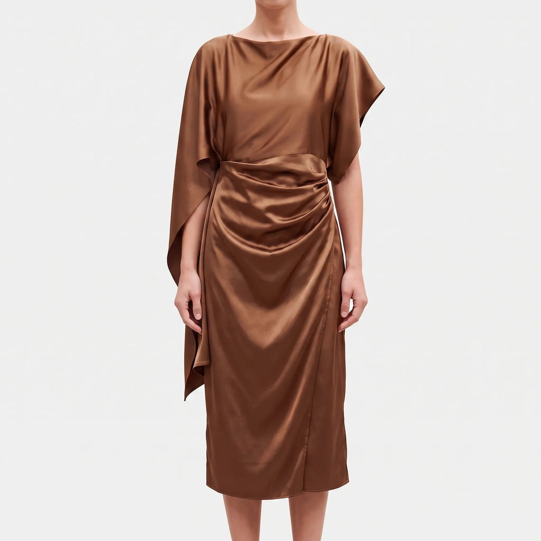 Bronze Asymmetrical Midi Dress with Short Sleeves