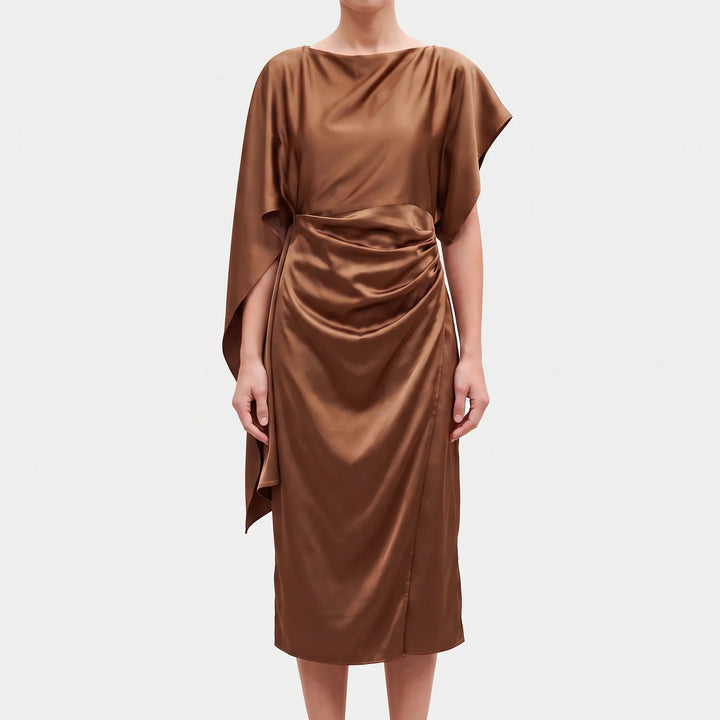 Bronze Asymmetrical Midi Dress with Short Sleeves