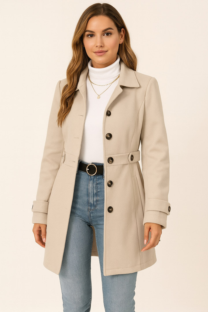 Women's Classic Wool Blend Trench Coat with Adjustable Waist Belt and Notch Collar