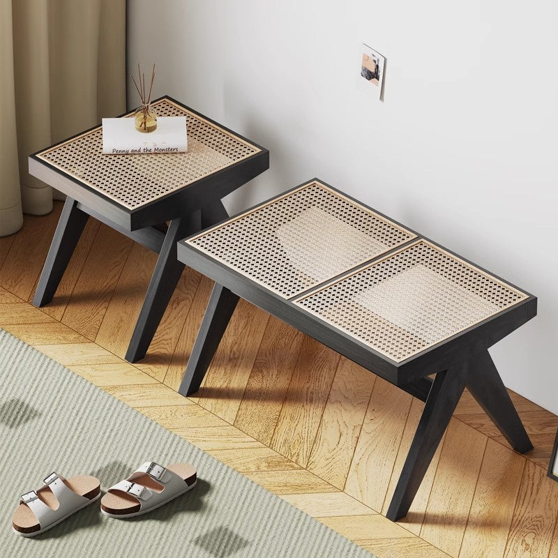 Traditional Japanese Rubberwood and Synthetic Fiber Rectangular V-Shaped Bench with Handwoven Seat for Entryway and Living Room