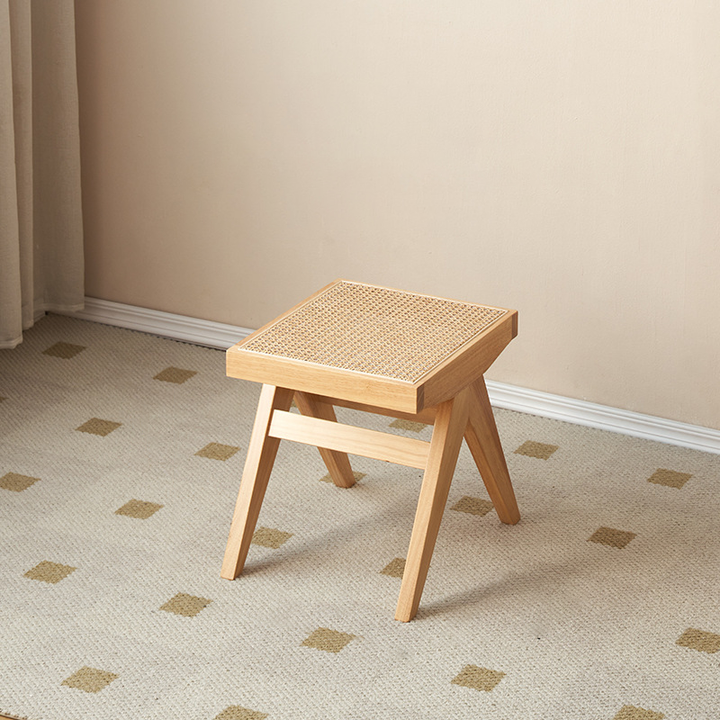 Traditional Japanese Rubberwood and Synthetic Fiber Rectangular V-Shaped Bench with Handwoven Seat for Entryway and Living Room