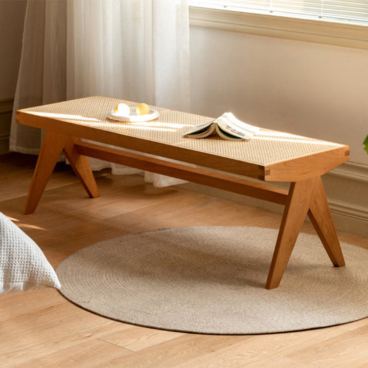 Traditional Japanese Rubberwood and Synthetic Fiber Rectangular V-Shaped Bench with Handwoven Seat for Entryway and Living Room