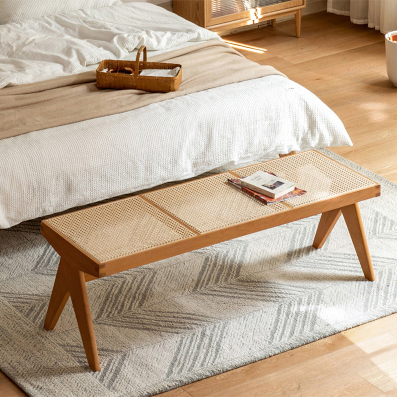 Traditional Japanese Rubberwood and Synthetic Fiber Rectangular V-Shaped Bench with Handwoven Seat for Entryway and Living Room