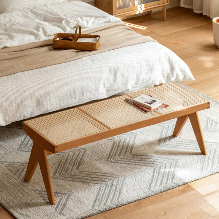 Traditional Japanese Rubberwood and Synthetic Fiber Rectangular V-Shaped Bench with Handwoven Seat for Entryway and Living Room