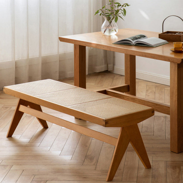 Traditional Japanese Rubberwood and Synthetic Fiber Rectangular V-Shaped Bench with Handwoven Seat for Entryway and Living Room