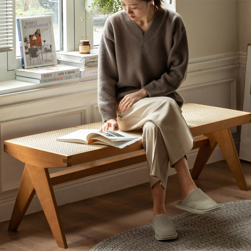 Traditional Japanese Rubberwood and Synthetic Fiber Rectangular V-Shaped Bench with Handwoven Seat for Entryway and Living Room