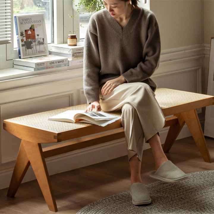 Traditional Japanese Rubberwood and Synthetic Fiber Rectangular V-Shaped Bench with Handwoven Seat for Entryway and Living Room