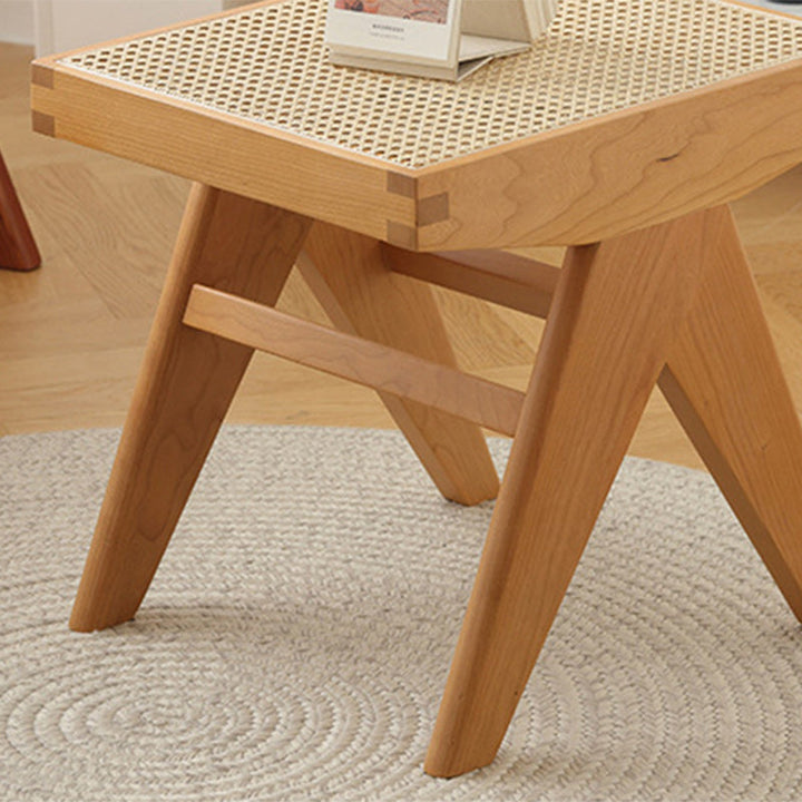 Traditional Japanese Rubberwood and Synthetic Fiber Rectangular V-Shaped Bench with Handwoven Seat for Entryway and Living Room