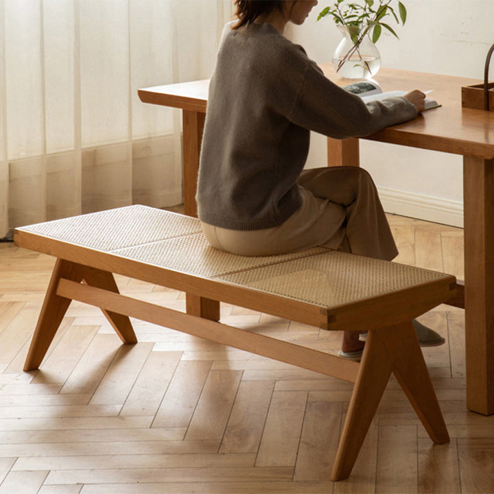 Traditional Japanese Rubberwood and Synthetic Fiber Rectangular V-Shaped Bench with Handwoven Seat for Entryway and Living Room