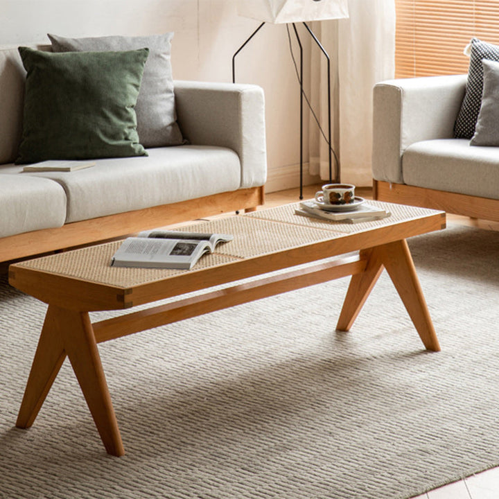 Traditional Japanese Rubberwood and Synthetic Fiber Rectangular V-Shaped Bench with Handwoven Seat for Entryway and Living Room