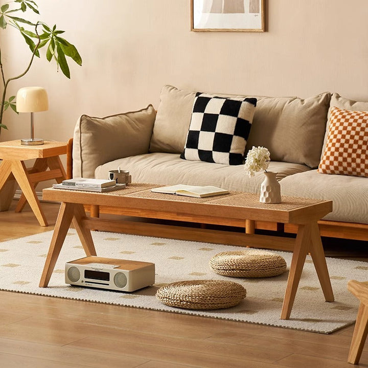 Traditional Japanese Rubberwood and Synthetic Fiber Rectangular V-Shaped Bench with Handwoven Seat for Entryway and Living Room