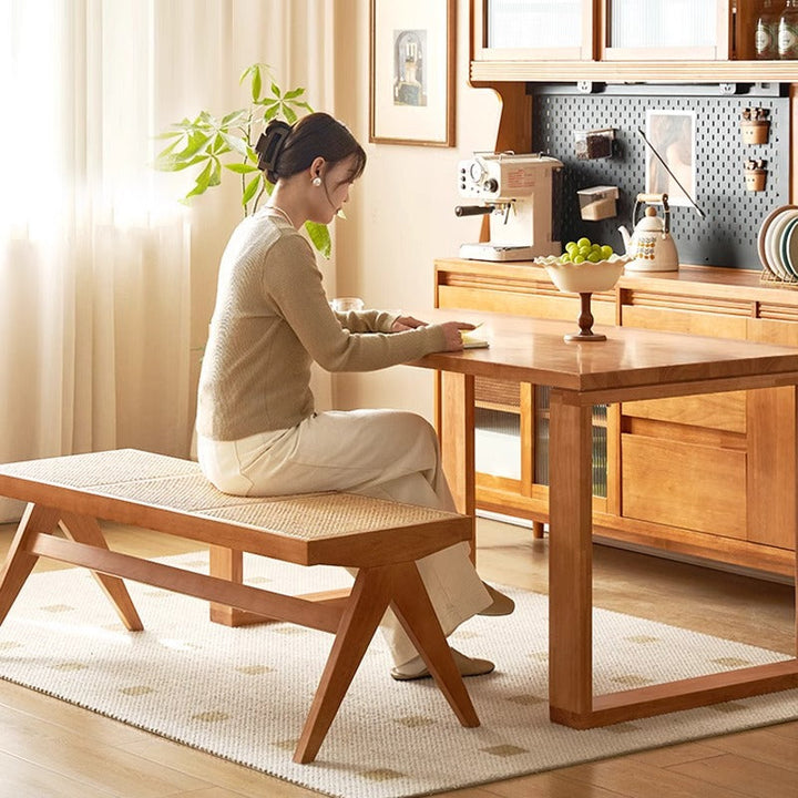 Traditional Japanese Rubberwood and Synthetic Fiber Rectangular V-Shaped Bench with Handwoven Seat for Entryway and Living Room