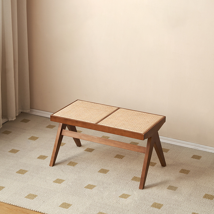 Traditional Japanese Rubberwood and Synthetic Fiber Rectangular V-Shaped Bench with Handwoven Seat for Entryway and Living Room