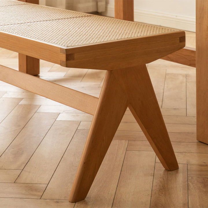 Traditional Japanese Rubberwood and Synthetic Fiber Rectangular V-Shaped Bench with Handwoven Seat for Entryway and Living Room