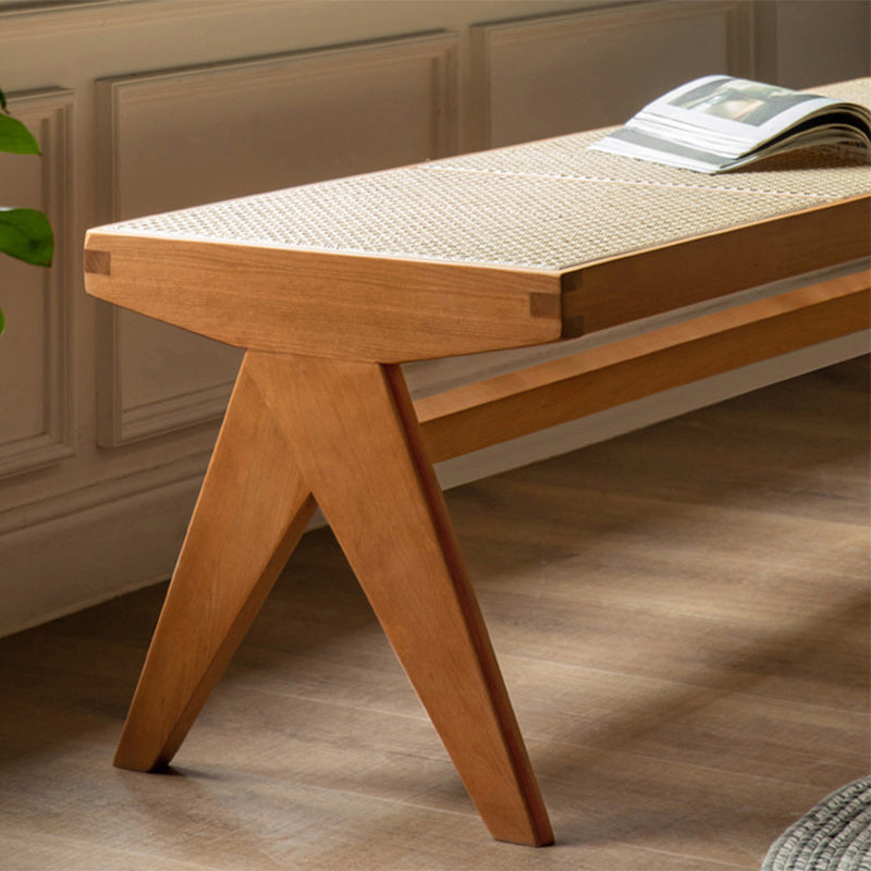 Traditional Japanese Rubberwood and Synthetic Fiber Rectangular V-Shaped Bench with Handwoven Seat for Entryway and Living Room