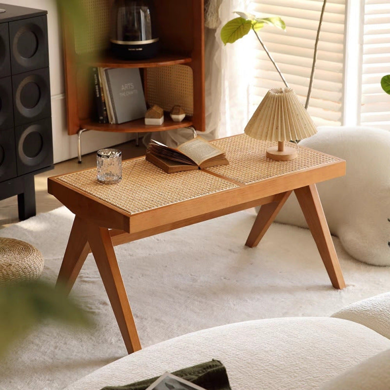 Traditional Japanese Rubberwood and Synthetic Fiber Rectangular V-Shaped Bench with Handwoven Seat for Entryway and Living Room