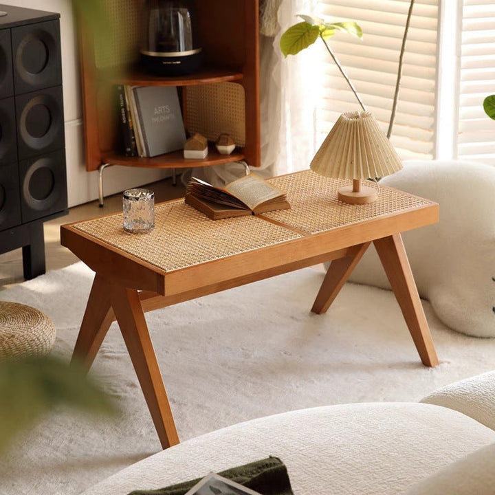 Traditional Japanese Rubberwood and Synthetic Fiber Rectangular V-Shaped Bench with Handwoven Seat for Entryway and Living Room