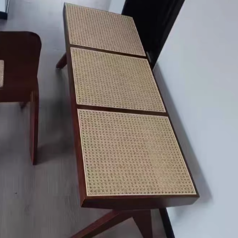 Traditional Japanese Rubberwood and Synthetic Fiber Rectangular V-Shaped Bench with Handwoven Seat for Entryway and Living Room