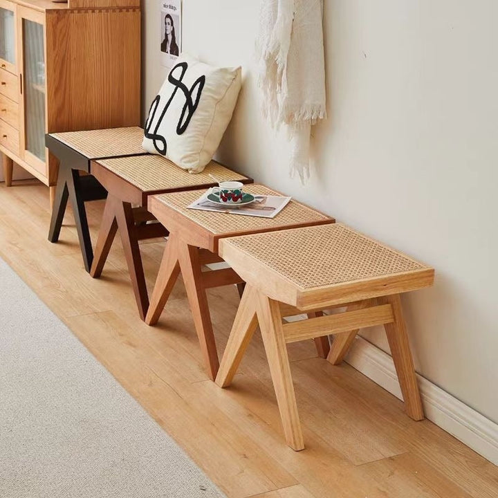 Traditional Japanese Rubberwood and Synthetic Fiber Rectangular V-Shaped Bench with Handwoven Seat for Entryway and Living Room