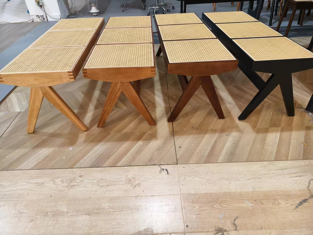 Traditional Japanese Rubberwood and Synthetic Fiber Rectangular V-Shaped Bench with Handwoven Seat for Entryway and Living Room