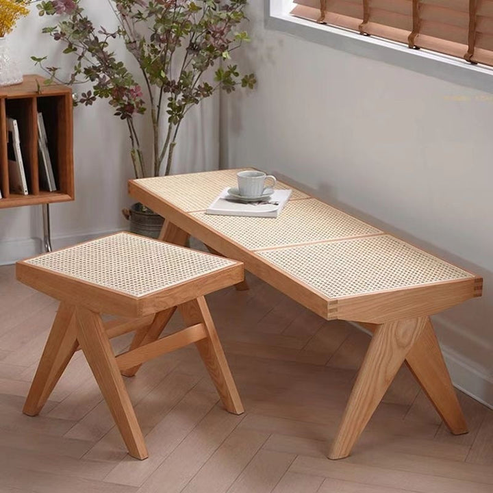 Traditional Japanese Rubberwood and Synthetic Fiber Rectangular V-Shaped Bench with Handwoven Seat for Entryway and Living Room