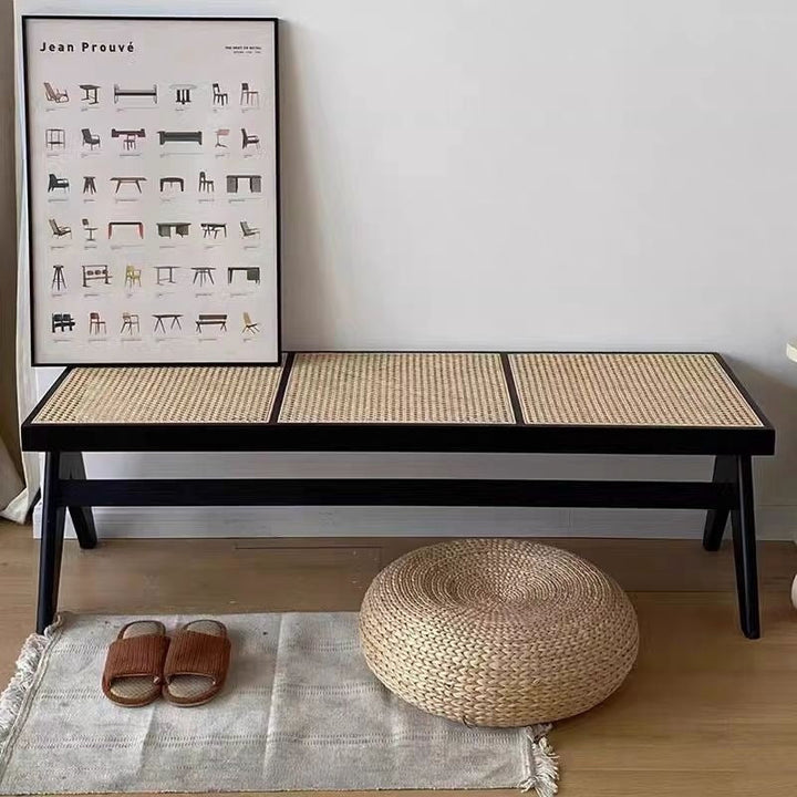 Traditional Japanese Rubberwood and Synthetic Fiber Rectangular V-Shaped Bench with Handwoven Seat for Entryway and Living Room