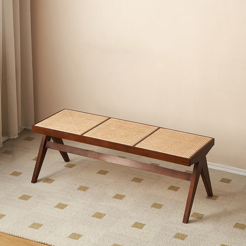 Traditional Japanese Rubberwood and Synthetic Fiber Rectangular V-Shaped Bench with Handwoven Seat for Entryway and Living Room