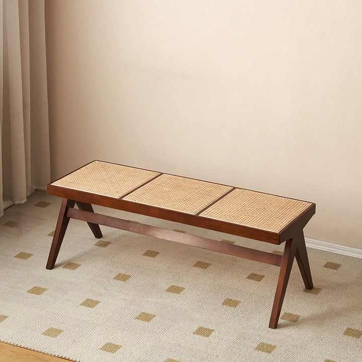 Traditional Japanese Rubberwood and Synthetic Fiber Rectangular V-Shaped Bench with Handwoven Seat for Entryway and Living Room