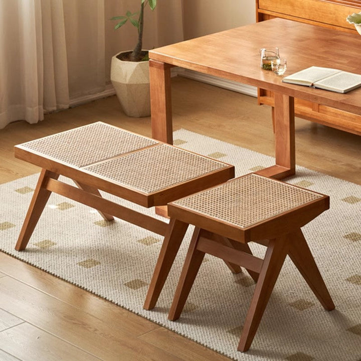 Traditional Japanese Rubberwood and Synthetic Fiber Rectangular V-Shaped Bench with Handwoven Seat for Entryway and Living Room