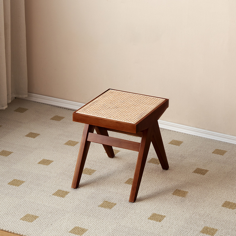 Traditional Japanese Rubberwood and Synthetic Fiber Rectangular V-Shaped Bench with Handwoven Seat for Entryway and Living Room