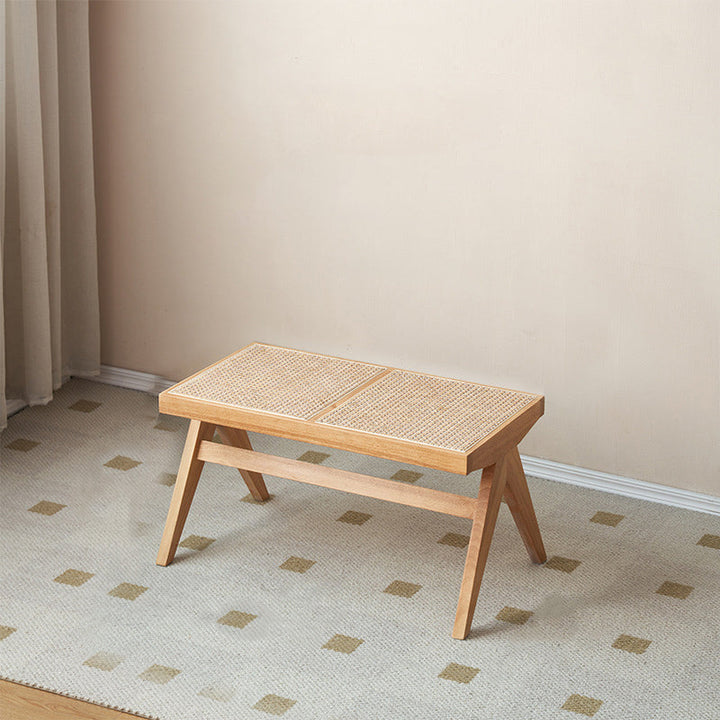 Traditional Japanese Rubberwood and Synthetic Fiber Rectangular V-Shaped Bench with Handwoven Seat for Entryway and Living Room
