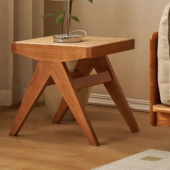 Traditional Japanese Rubberwood and Synthetic Fiber Rectangular V-Shaped Bench with Handwoven Seat for Entryway and Living Room